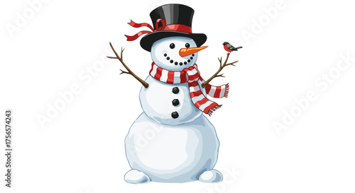 Happy Festive Snowman with Red Scarf and Top Hat isolated on transparent background for Winter Holidays and Christmas
