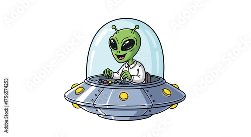Friendly Green Alien Pilot Flying Spaceship Exploring Universe Isolated on Transparent Background Vector Illustration