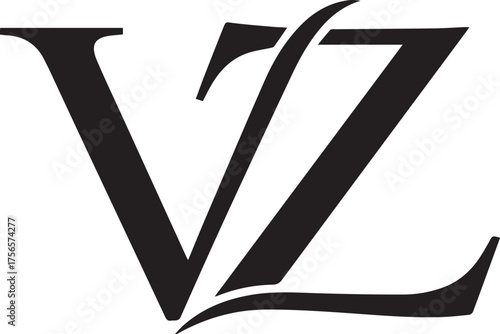 Minimalist VZ monogram logo – black-and-white design of overlapping serif letters “V” and “Z” with sweeping curves for branding, initials, and modern identity.