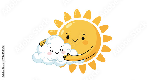 Adorable Cartoon Sun Hugging a Cloud With Happy Faces Isolated on Transparent Background