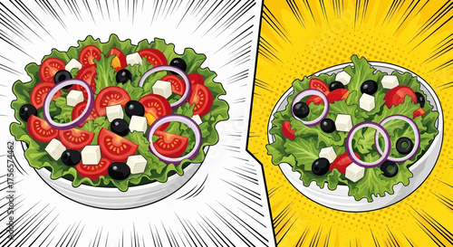 Pop art comic style salad bowl with healthy food, a fresh meal poster design on a colorful retro rays background