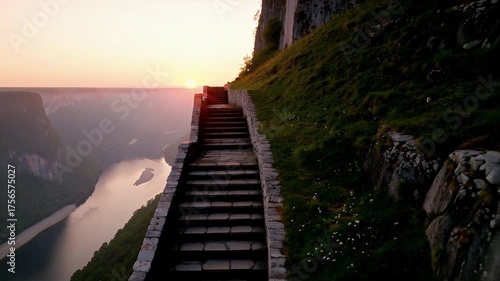 Sunset Staircase Along a Green Cliff Overlooking a Distant River Gorge