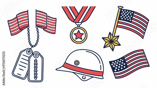 Memorial day clip art american flags dog tags medal and helmet for patriotic holiday celebration vector