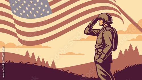 American flag soldier salute vector graphic for memorial day veterans day and patriotic holidays design