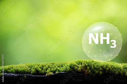 NH3 texts in circles on natural background. The chemical formula is