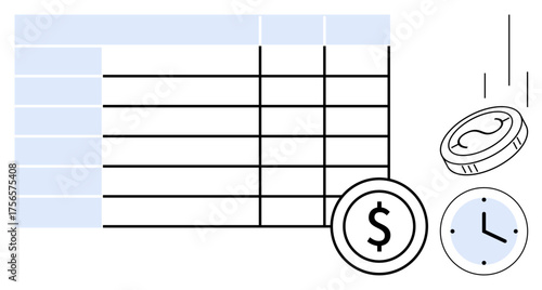 Table with rows and columns, coins, and clock demonstrating financial tracking, budgeting, expense management, time value, productivity, planning and workflows. Ideal for finance time management