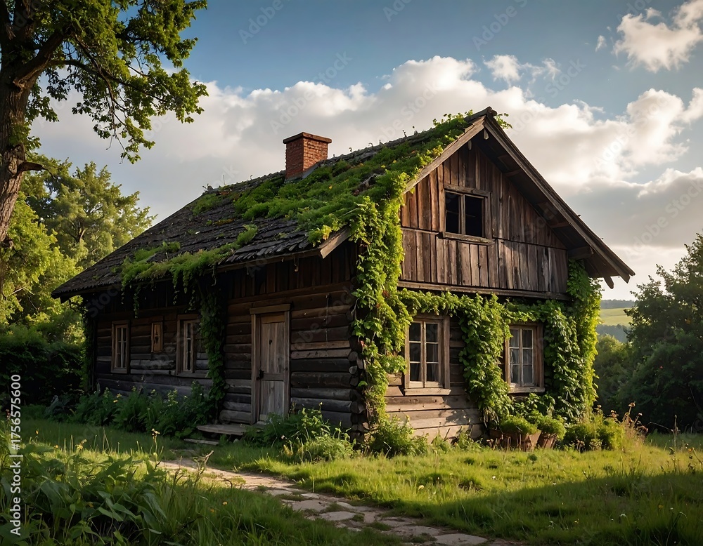 Obraz premium Rustic wooden cottage engulfed in lush greenery, bathed in sunlight