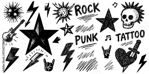 Rock & punk Doodle Icons, set of white hand-drawn rock-and-roll illustrations on a black background, featuring lightning bolts, guitars, skulls, stars, and rebellious symbols