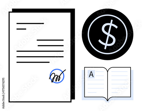 Signed document, dollar symbol inside circle, open book with text. Ideal for business, contracts, education, finance, agreements legal services learning. Visualizes a simple flat metaphor