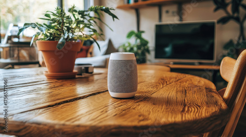 A smart speaker rests on a wooden table, with a potted plant, window, and tv in the background