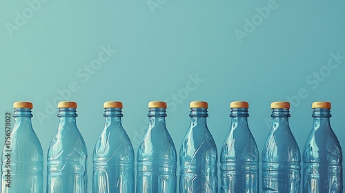 Row of Empty Blue Bottles with Golden Caps.