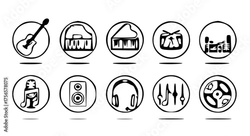 Music and Audio Icon Set-guitar, piano, drum, microphone, speaker, headphone, music note, equalizer, and vinyl record