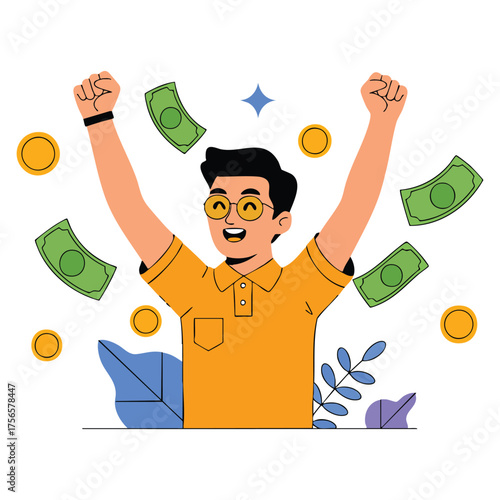 Young happy man scattering money flat cartoon vector illustration minimal style representing concept of financial independence or financial freedom artwork