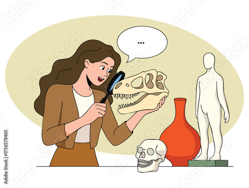 Woman with fossilization concept young girl with bones skull pottery archaeologist scientist exploring fossils museum exhibition cartoon vector illustration