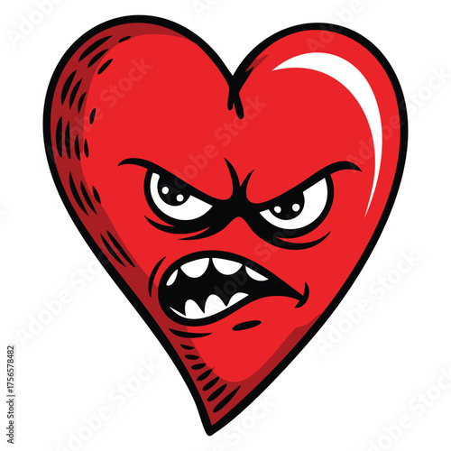 Angry heart cartoon jealous heart hand drawn vector illustration of a heart with angry face filled with hate isolated on white background perfect for emotion themed artwork