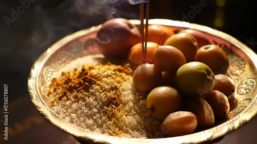 Offering Rice with Fruit, Spices, and Incense.