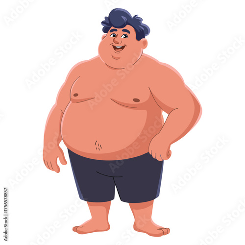 Cartoon fat male in swimming suit isolated vector illustration perfect for beach summer vacation themes and overweight character design projects