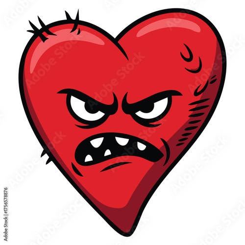 Cartoon angry heart jealous emotion vector illustration hand drawn with angry face filled with hate isolated on white background suitable for emotional artwork concept