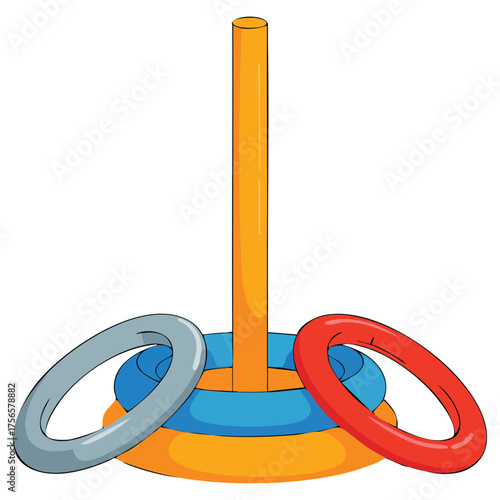 Cartoon flat vector illustration of various sport equipment sticker with rings and pin isolated design suitable for fitness accuracy training or active lifestyle concept artwork