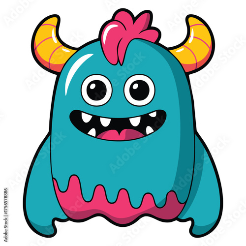 Cartoon flat vector illustration blue monster character with purple hair and horns smiling happy mascot toy or halloween sticker isolated design for kids creative artwork