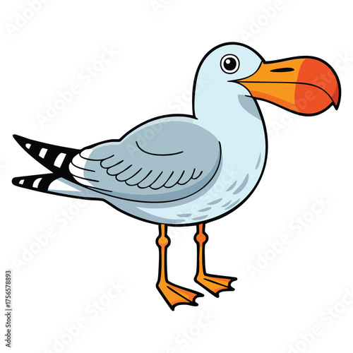 Cartoon seagull whimsical design with open beak gray white orange colors vector illustration suitable for digital print web or coastal bird themed artwork