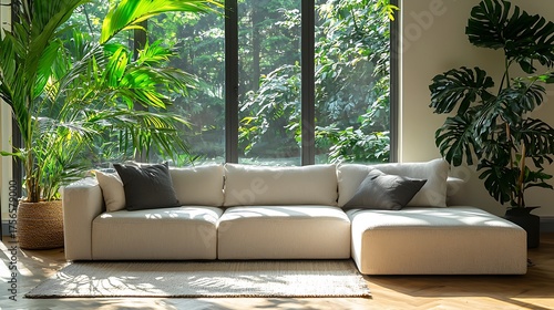 Cozy living room with a large sofa and lush plants.