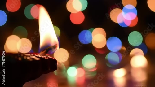 Oil lamp flame with bokeh lights.