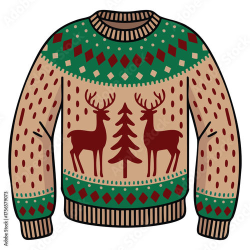 Cozy beige Christmas sweater with reindeer and fir tree pattern green and white colors perfect for festive winter holidays and cheerful celebration moments