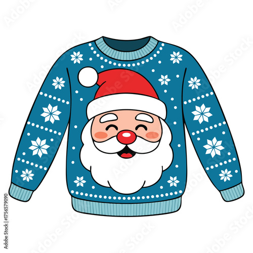 Cozy blue christmas sweater featuring cheerful santa claus vector illustration with snowflakes festive design perfect for winter holiday celebration