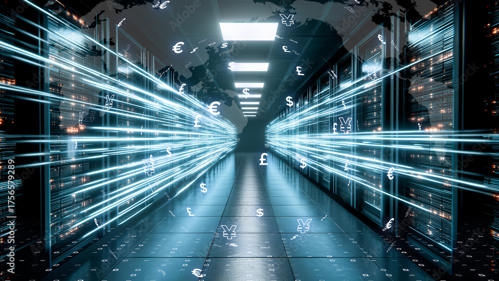 Fototapeta premium Future financial network where digital currencies intersect with light-speed communication