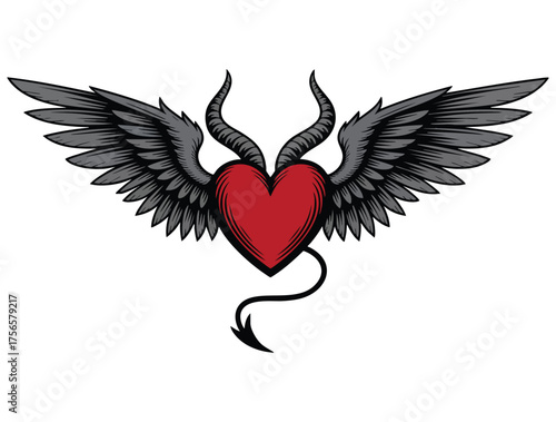 Devil heart vector illustration red love symbol with horns and tail perfect for halloween romantic fantasy artwork or temptation themed creative design