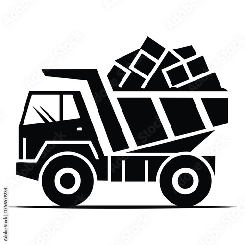 Dump truck black glyph icon dumper lorry heavy materials transportation vehicle coal mining industry silhouette vector illustration isolated pictogram