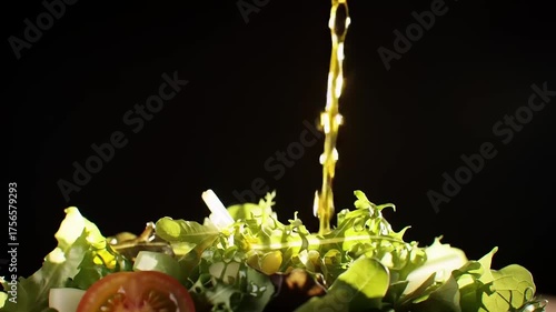 Oil pouring on salad with tomato.