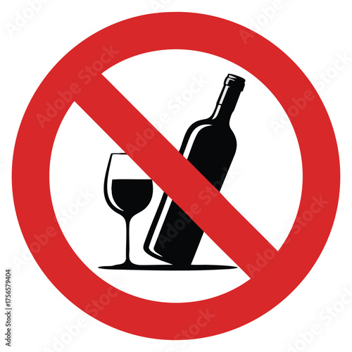 Forbidden sign with wine bottle and glass glyph icon vector illustration stop silhouette symbol no alcohol prohibition negative space isolated artwork