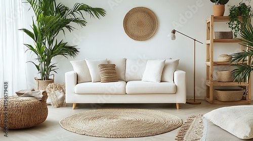 Bright and inviting living room with a comfortable sofa, lush green plants, and natural decor elements.