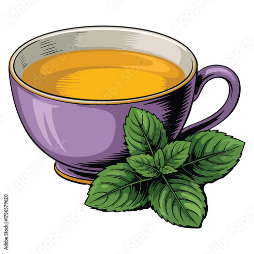 Herbal mint tea in glass cup vector flat illustration teacup and leaves relax herb drink perfect for organic wellness beverage or natural design theme
