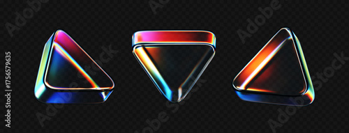 3D crystal glass triangles with holographic neon gradient and prism reflection. Render futuristic transparent triangles for UI, media buttons, tech design, digital backgrounds. 3d vector figure