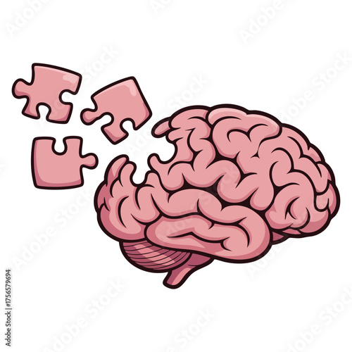 Illustration of pink brain with missing puzzle pieces concept of mental health cognition and brain function psychology creative mind puzzle vector artwork