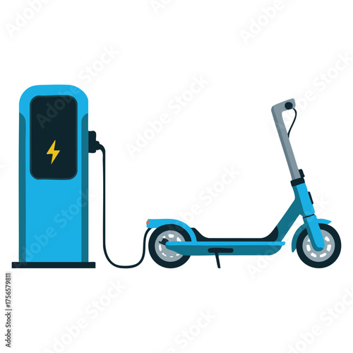 Isolated vector illustration of electric scooter and battery charger perfect for public transport eco city mobility sustainable urban transport themed artwork