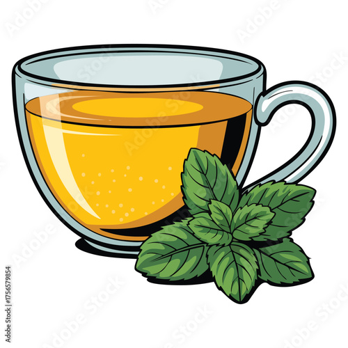 Mint herbal tea in glass cup teacup with leaves of fresh mint relax herb drink vector flat illustration perfect for wellness or organic drink concept