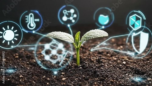 A young green plant sprouting in fertile soil with digital technology icons representing smart farming, innovation, and sustainable agriculture.