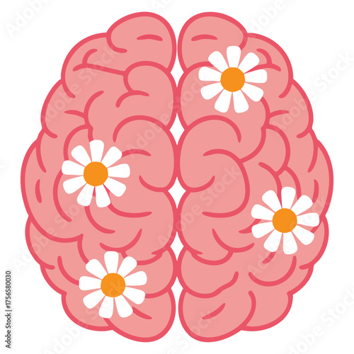 Pink brain with camomile flowers cartoon style hand drawn modern vector illustration concept of idea mind cognition and thinking isolated design element