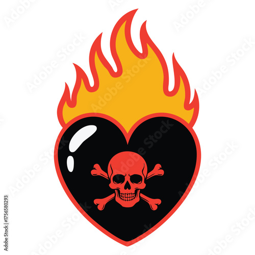 Skull with burning heart vector illustration isolated artwork perfect for gothic tattoo horror fantasy or dramatic flaming love themed creative design