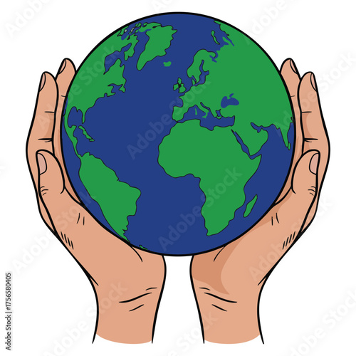 Vector illustration flat line color of hands protecting earth isolated simple outline cartoon style image on white background for web design environmental care theme
