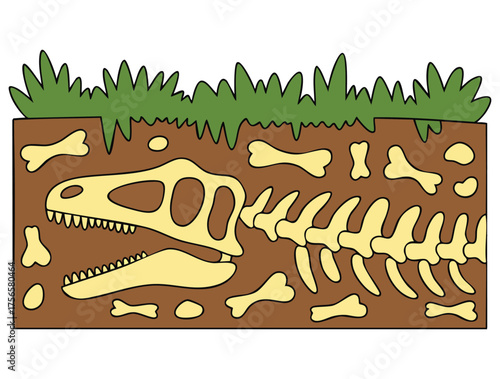 Vector illustration of archaeological bones underground dinosaur skeleton fossil prehistoric animals archeology and paleontology concept artwork