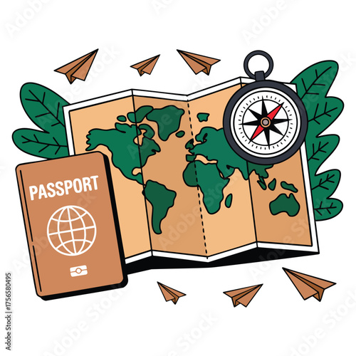 Vector illustration of around world concept with route planning tourism treasure search geography research and travel documents foreign passport design