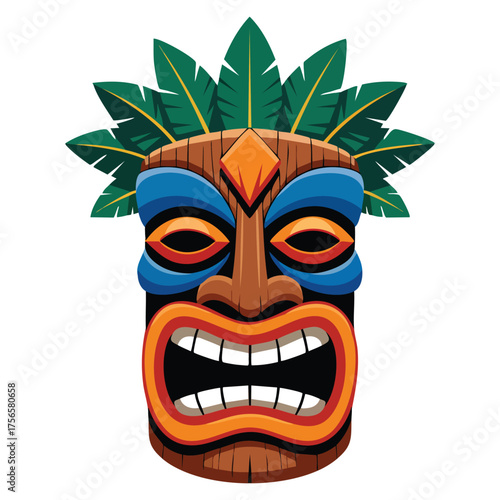Vector illustration of colorful tiki mask isolated on white background tribal wooden totem in hawaiian style suitable for tropical decoration design