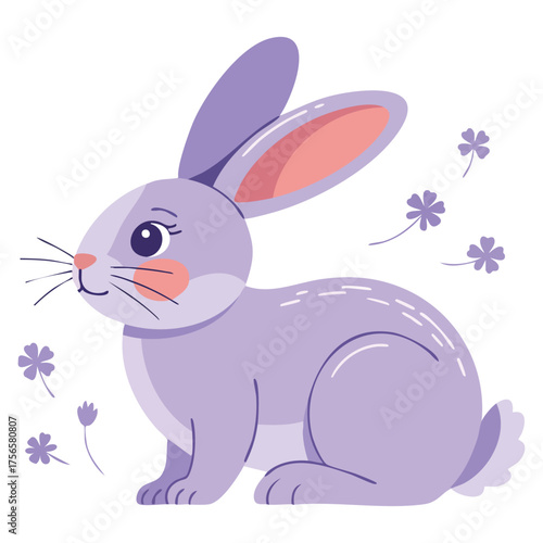 Vector illustration of happy easter sticker with cute purple rabbit bunny bright icon christian holiday greeting card cartoon flat isolated design