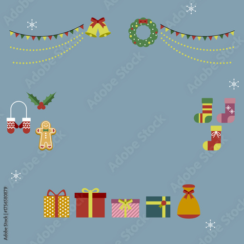 Stylish Christmas Decoration Illustration (Bells, Wreath, Garland, Presents) – no text, background（クリスマスイラスト）