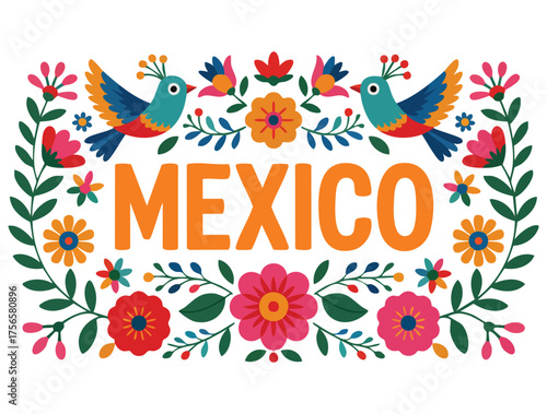 Vector illustration of Mexico banner with colorful flowers birds and elements ideal for cultural festive background traditional decoration and celebration design